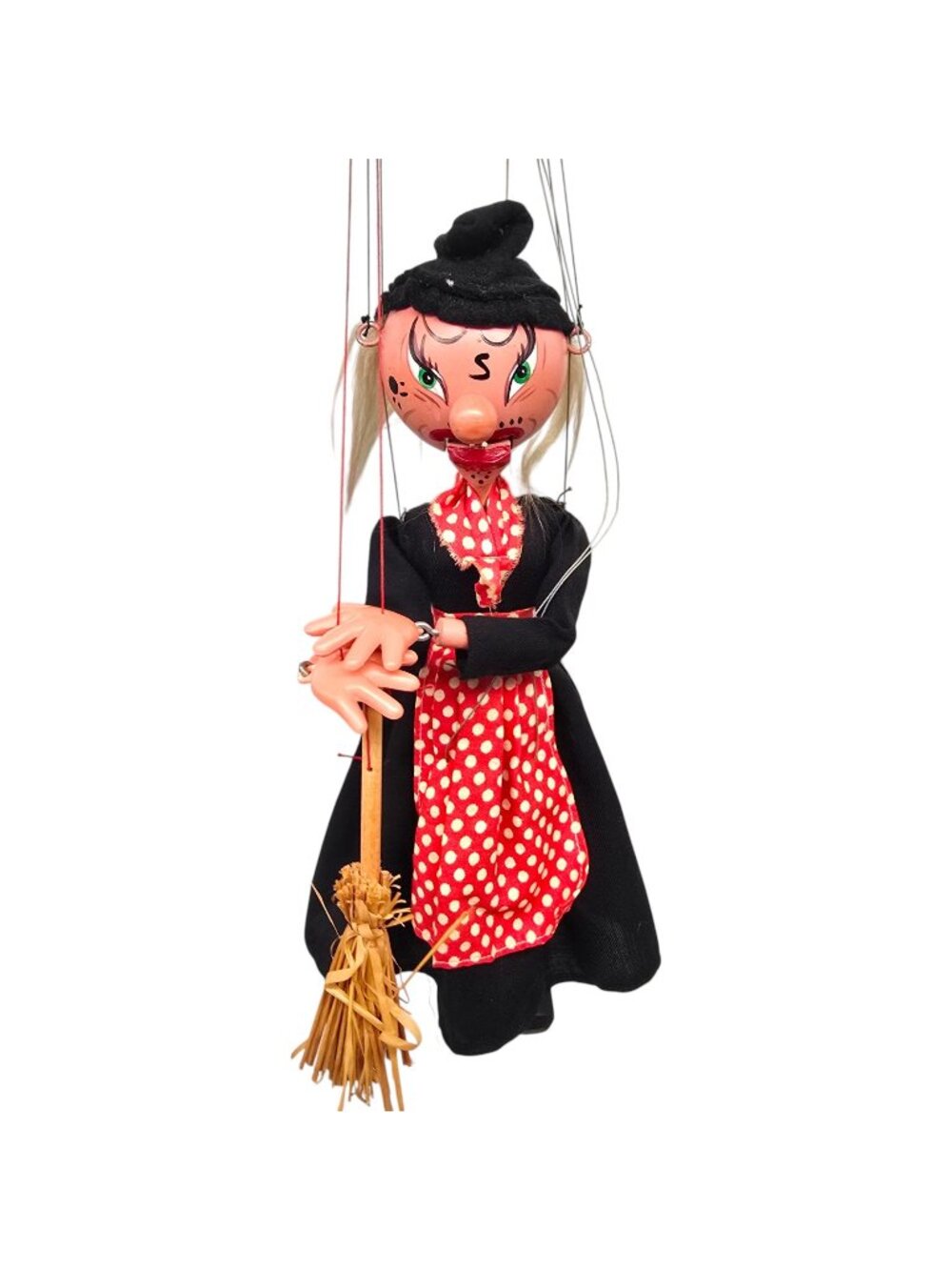Vtg Pelham Witch String Puppet Handmade Wooden Marionette With Broom England